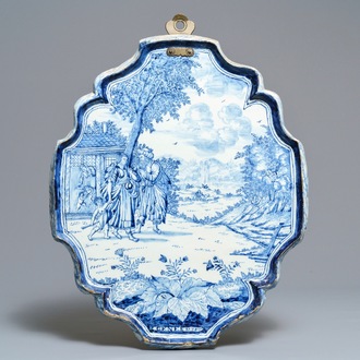 Une grande plaque en faïence de Delft bleu et blanc à sujet religieux, datée 1758